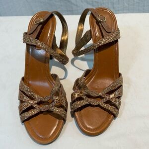 COLE HAAN Sz 10 Leather Sandal Braided Embossed Strap gold brown wood heel